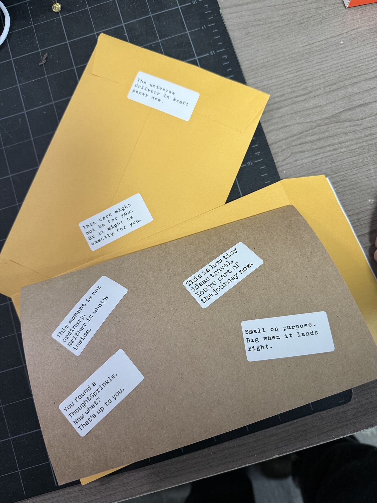 Kraft and manila mailers covered in white typewritten labels